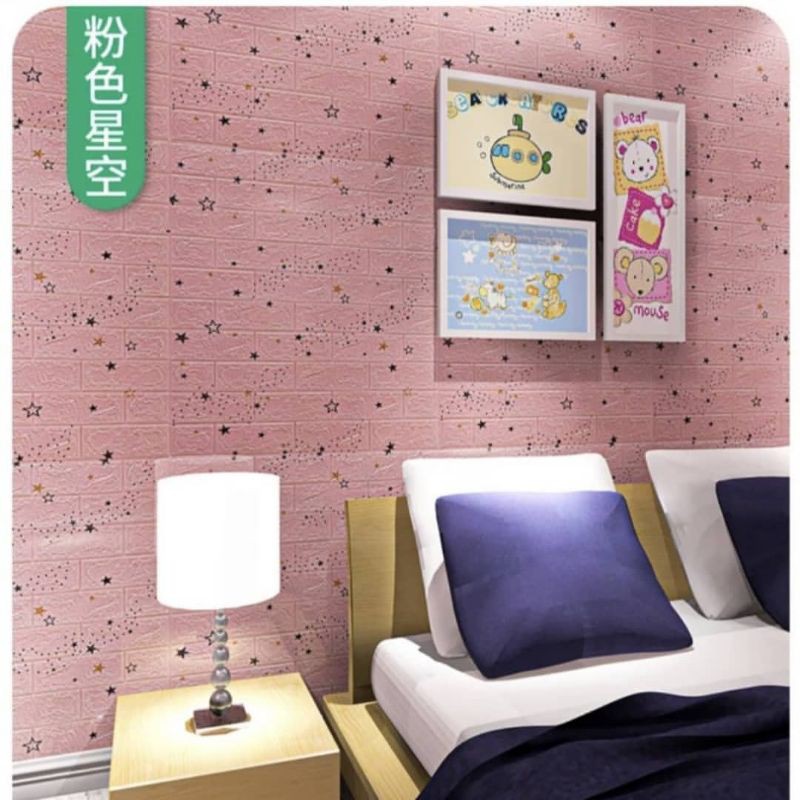wallpaper foam 3D permukaan timbul motif bata pink bintang