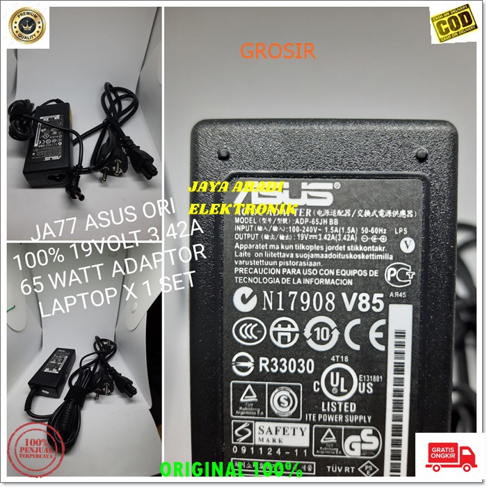 J77 ORIGINAL ASUS 19V 3.42A 65 WATT W ADAPTOR LAPTOP CAS CASAN CHARGER KOMPUTER POWER ADAPTER PC CPU ELETRONIK FAST CHARGING TRAVEL BATOK FAST CHARGING AC DC SPEED ADAPTIVE NETBOOK MULTI UNIVERSAL ORIGINAL VOLT AMPERE VOLTASE BISA SEGALA JENIS LAPTOP ASUS