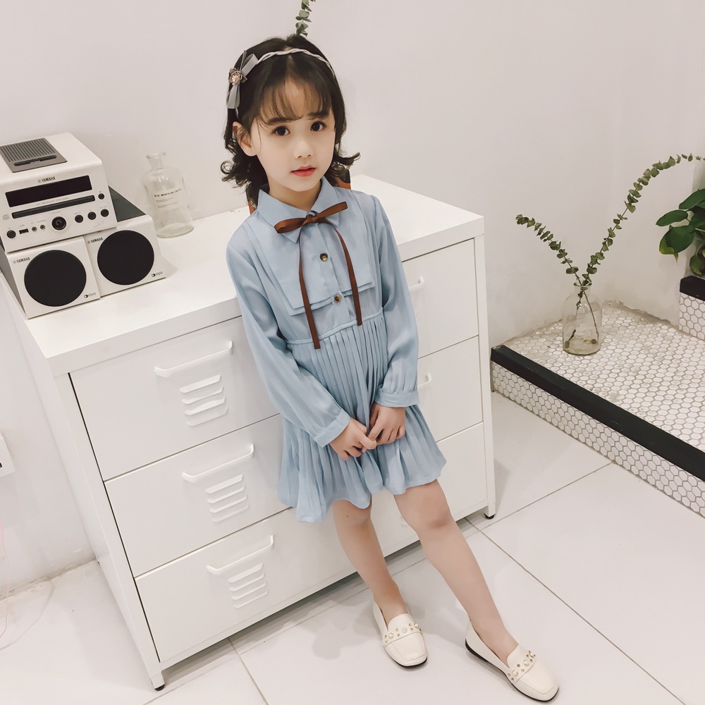 [Cocobaby Jakarta] Dress Anak Perempuan Biru Muda Langit Temperamen Lipit Rok Anak Perempuan Lengan 