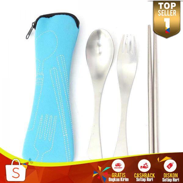 Set Perlengkapan Makan Sendok Garpu Sumpit Stainless Steel Perlengkapan Travelling Mudah Dibawa