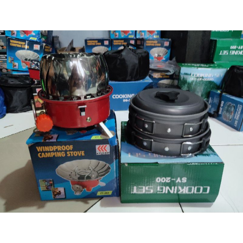 Paket Hemat Cooking Set nesting 2 person Kemping wajan &amp; kompor windproof - SY200 &amp; Kovar K203