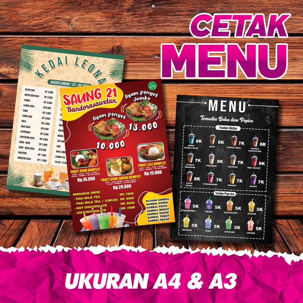 

cetak menu UKURAN A3 dan ukuran A4 GRATIS LAMINATING TEBAL depan belakang siap 1-3hari