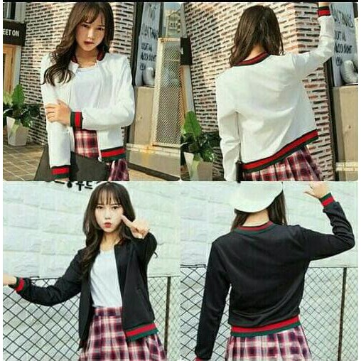 Cardigan Jaket List Gucci Jacket Outer Wanita Putih Hitam Bomber Polos Best Quality