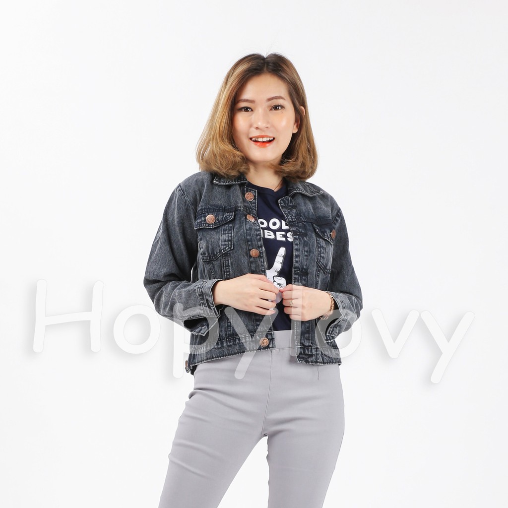 HOPYLOVY - Jaket Jeans Wanita Basic Snow Black Anastasia