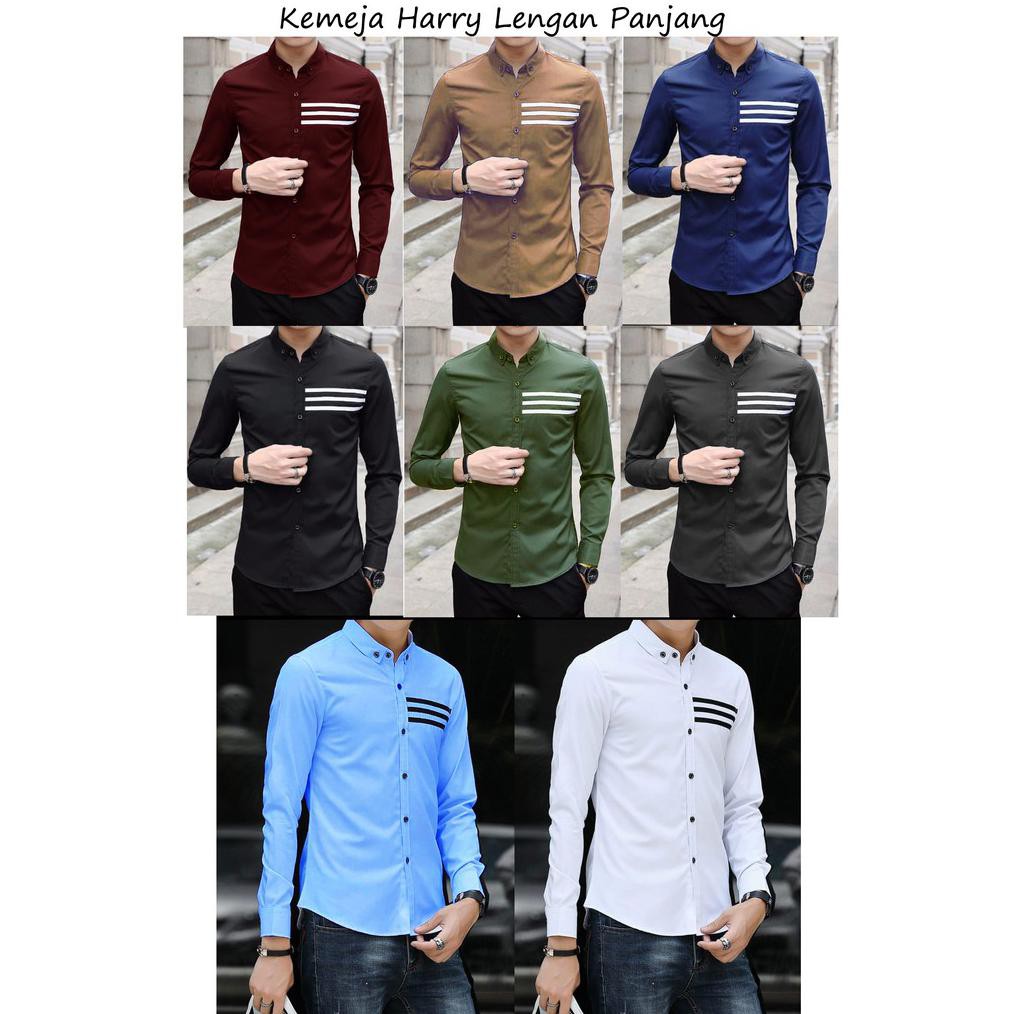 RISRUS FASHION HEM HARRY KEMEJA PRIA LENGAN PANJANG BAJU KEMEJA COWO COWOK POLOS GARIS MODEL SLIMFIT