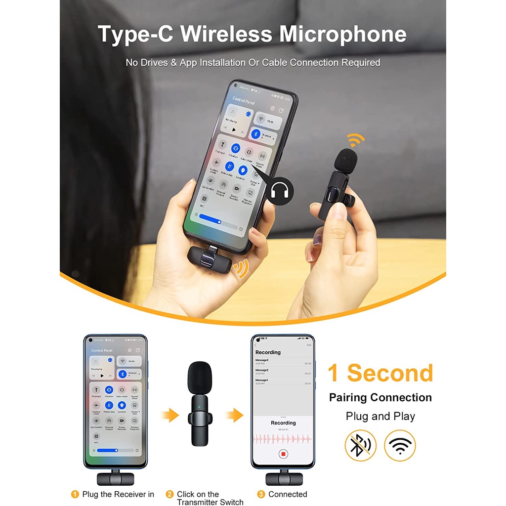 【BT004】Skyhigh Wireless Lavalier Microphone Portable Audio Video Recording Mic For IPhone Android Live Game Mobile Phone Camera / Mic Wireless Hp Vlog