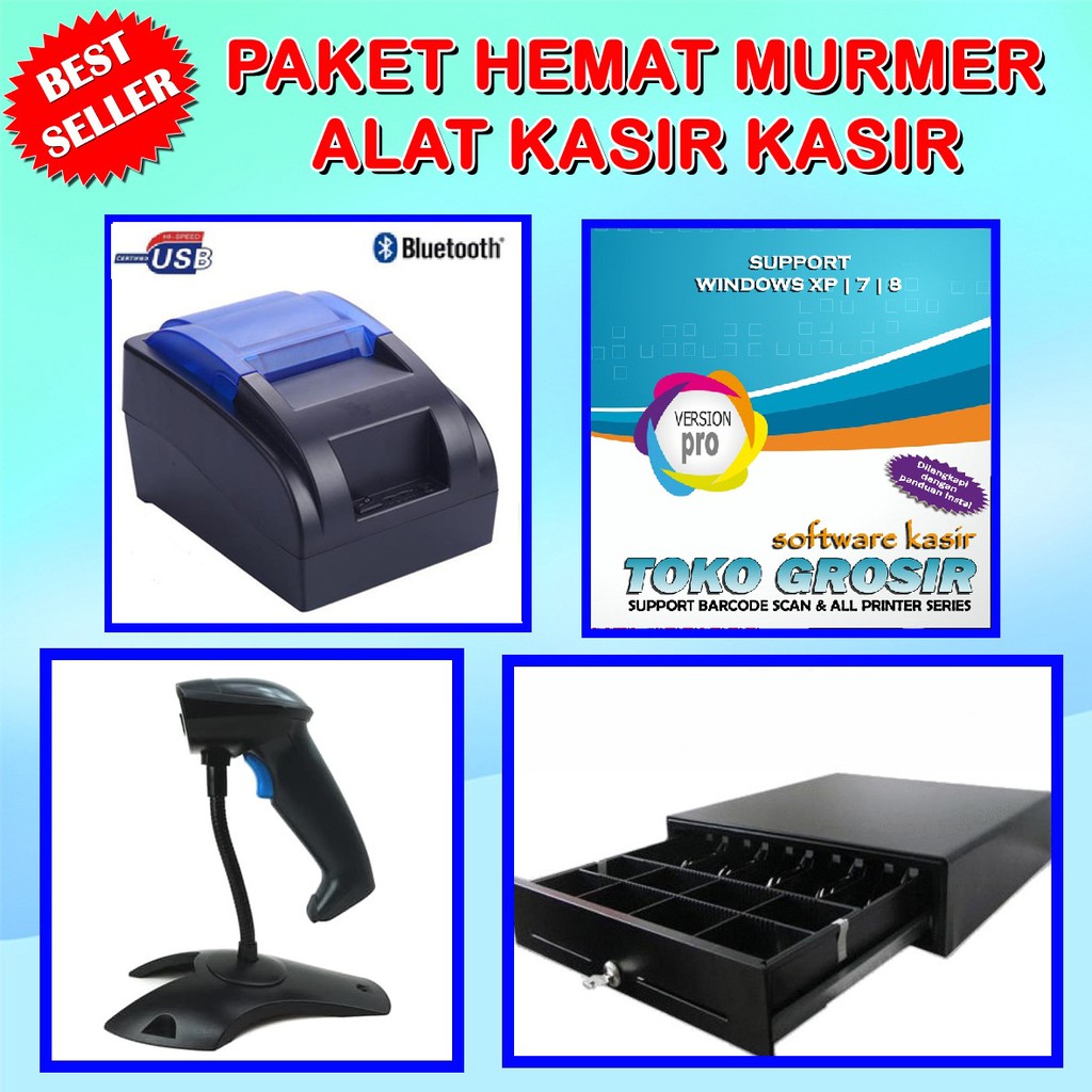 Paket kasir lengkap printer thermal bluetooth barcode scanner laci cash drawer