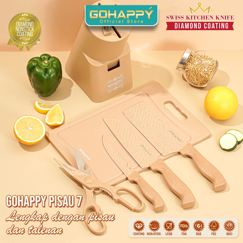 PISAU set DIAMOND 7PCS GOHAPPY | Knife GHX67 full with holder chopping board