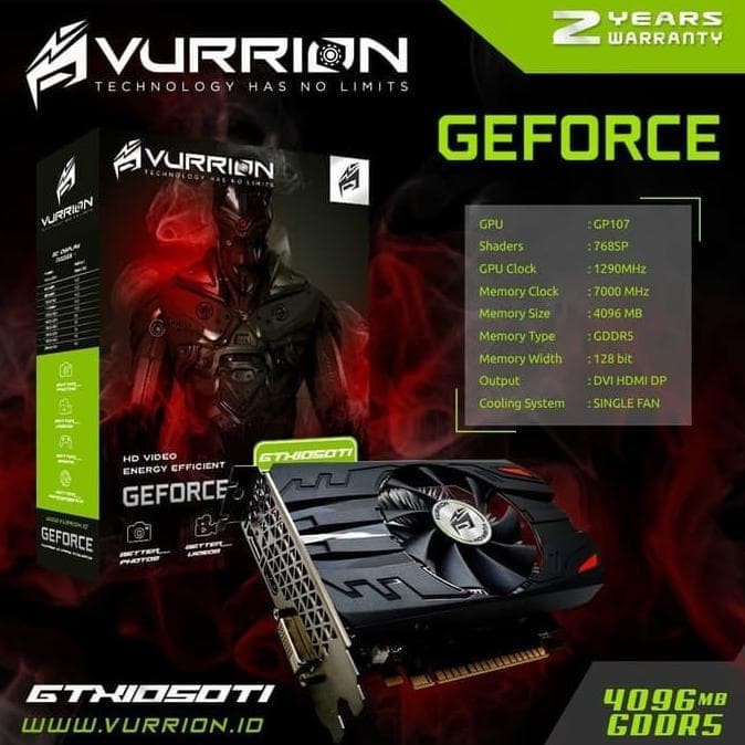 Vga vurrion nvdia geforce gtx1050ti 4gb gddr5 1536p 128 bit hdmi-dvi-display port dp - 1050ti ddr5