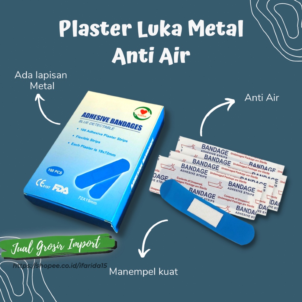 100 Pcs Plaster luka Waterproof Band Aid Blue Metal ORIGINAL