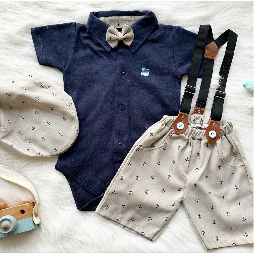 Setelan jumper celana suspender topi dasi motif bintik fashion anak bayi cowok laki baby boy -baw-NAVY, JANGKAR