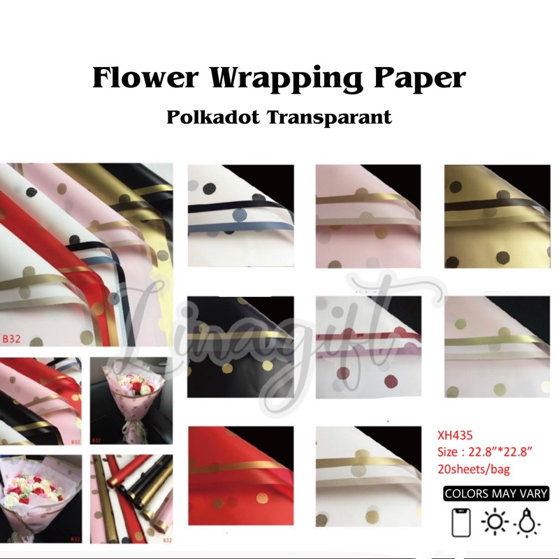 ( 5 Lembar ) TRANSLUCENT POLKADOT - FLOWER WRAPPING PAPER POLKADOT LIS EMAS CELLOPHANE PLASTIC GOLD KERTAS BUNGA BUKET FLORIST