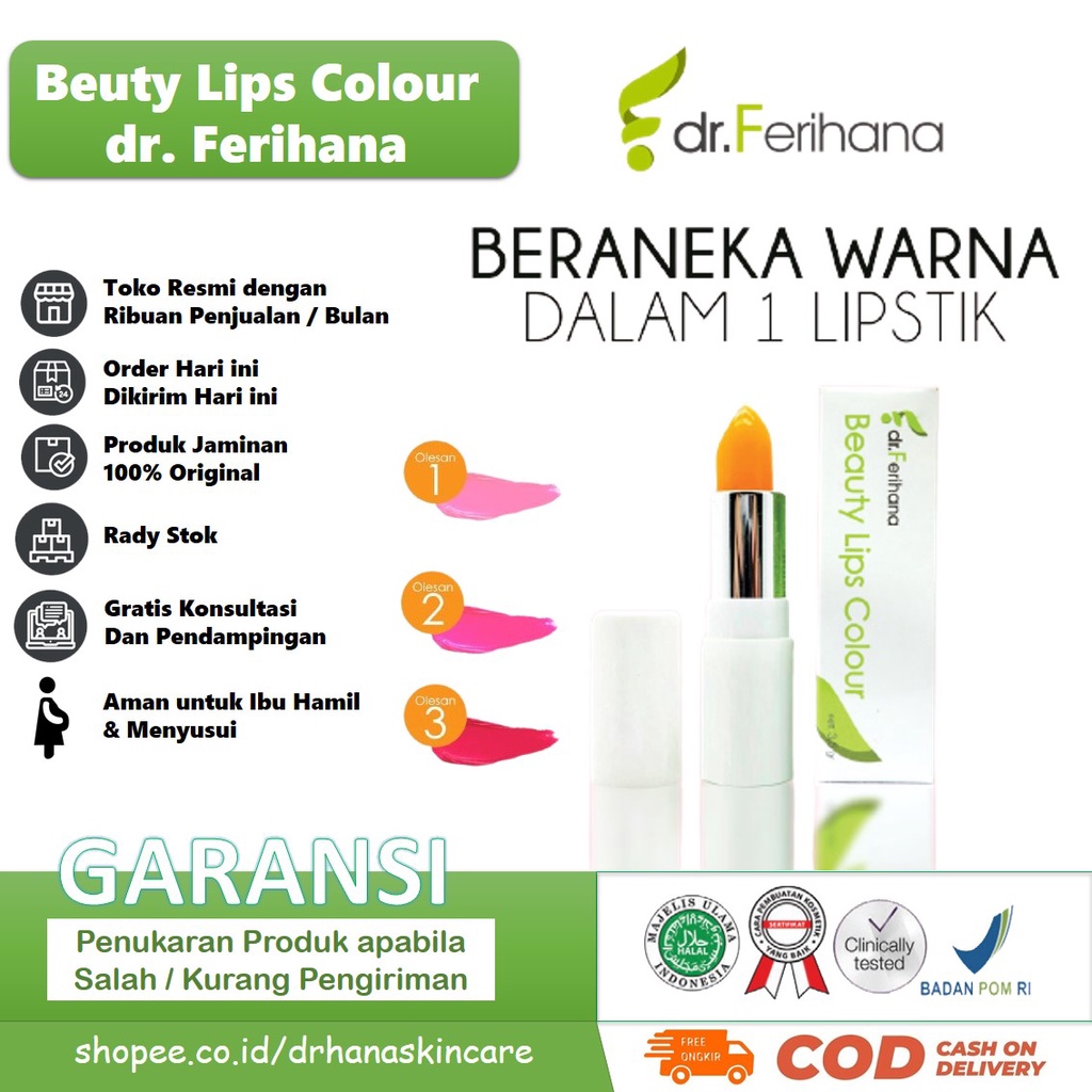 Magic Beauty Lips Colour DR. FERIHANA COSMETICS &amp; SKINCARE Lipstik dengan Bahan Alam untuk Melembabkan Bibir Kering Hitam Pecah Pecah BPOM LPPOM HALAL MUI