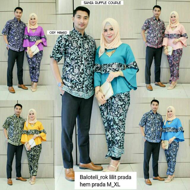 Sarimbit Batik Anggun Couple Sania Mawar ruffle - Warna Ungu, Tosca, pink, Biru, Kuning - M L XL