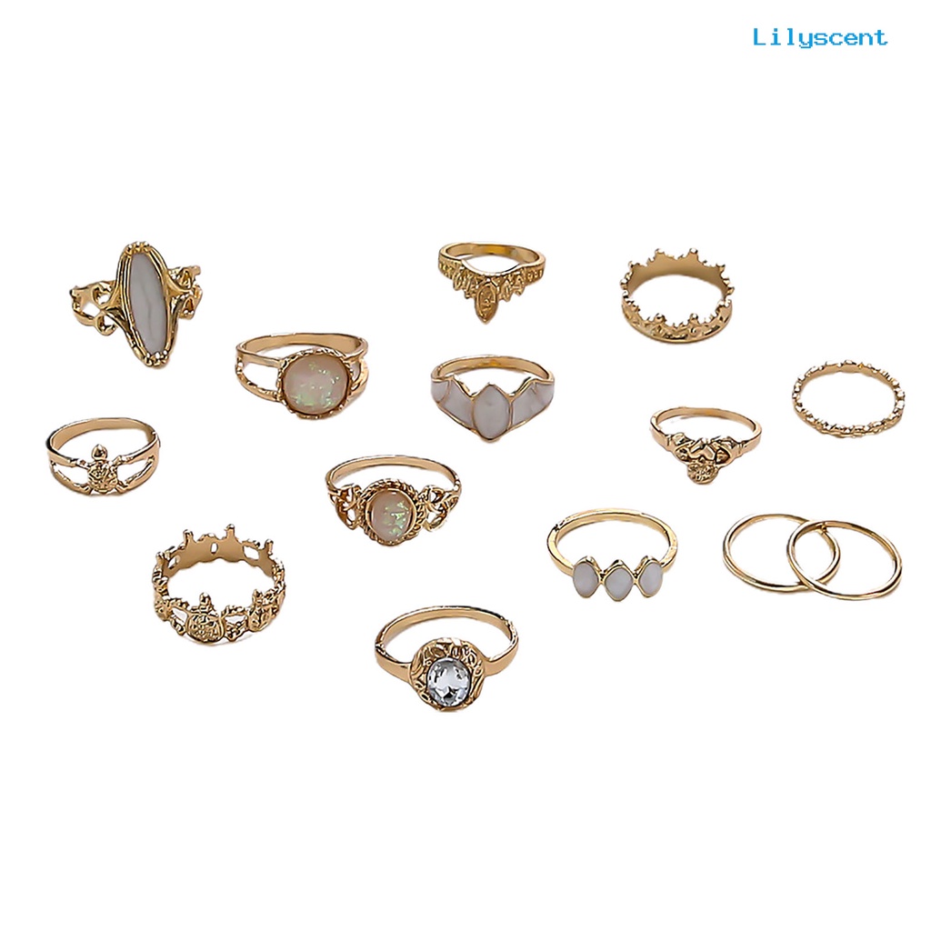 14pcs Cincin Knuckle Model Hollow Stackable Bahan Alloy Aksen Permata Imitasi Gaya Etnik