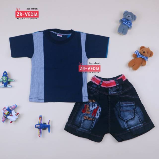 Setelan Salur Jeans uk 1-2 Tahun / Kaos Anak Murah Celana Jeans Murah Setelan Lengan Pendek Laki