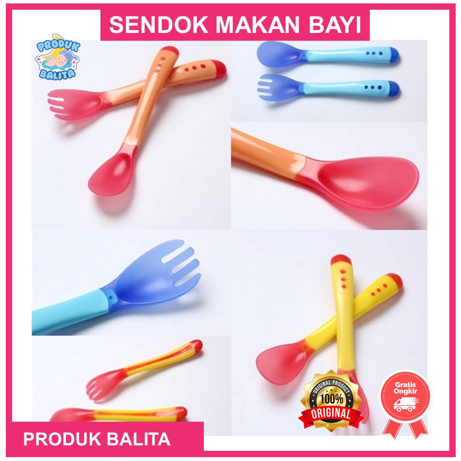 Sendok Makan Bayi Sensor Panas / Spoon Fork Set Heat Sensing Sendok Garpu makan bayi silikon Terlaris