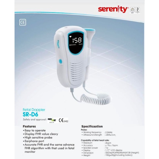 Fetal Doppler LCD Original Serenity SR-D6 Alat Diagnostik Denyut Jantung Bayi Bergaransi Resmi 1 Tahun