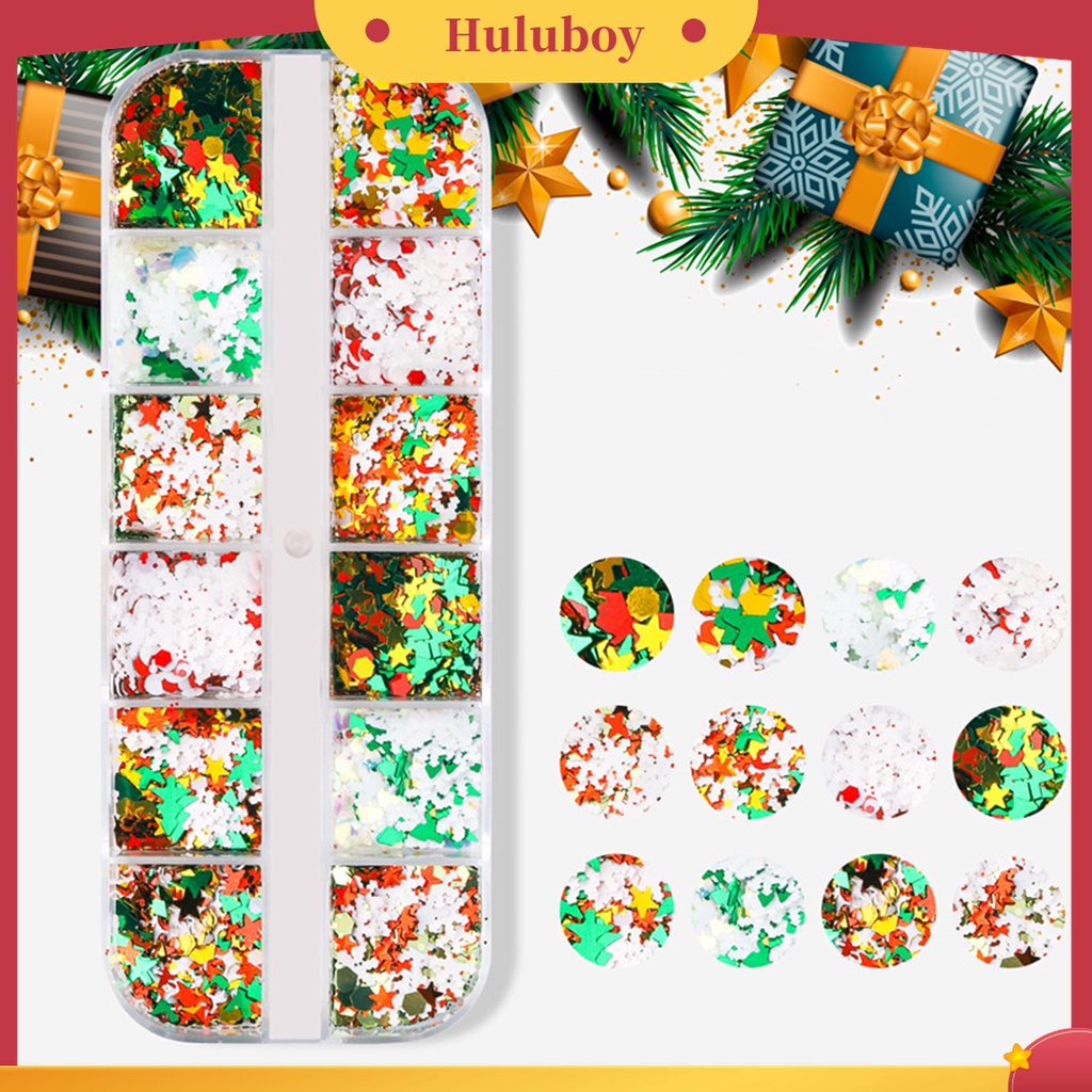Huluboy Huluboy♡ 12 Grids / Box Stiker Sequin Mini Tema Natal Untuk Manicure
