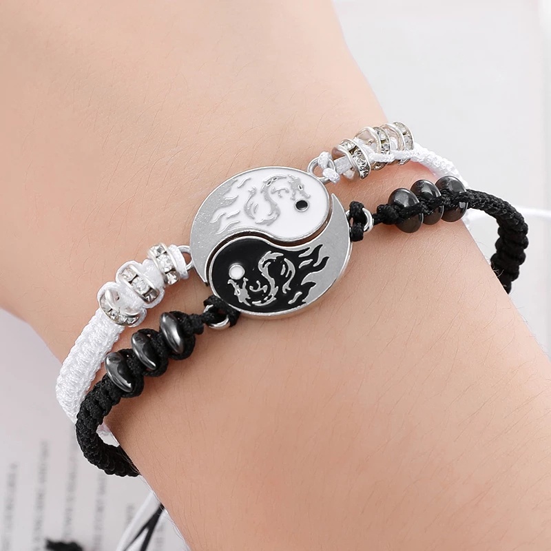 Gelang Tangan Model Tenun Warna Hitam Dan Putih Bahan Alloy Gaya China Untuk Pasangan