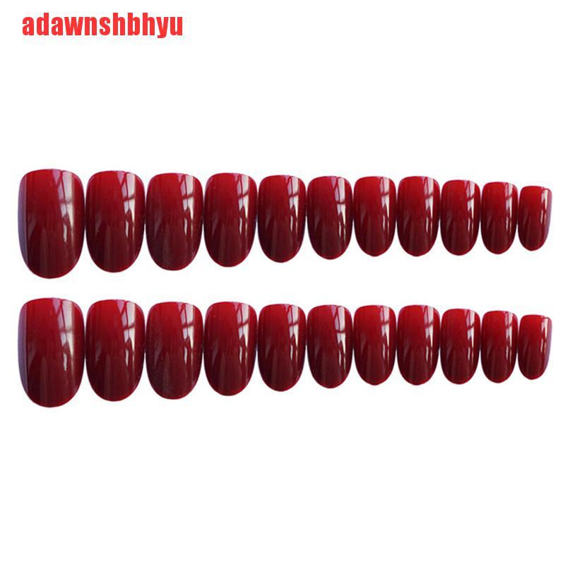 24pcs Kuku Palsu Warna Merah Wine Bentuk Bulat Untuk Dekorasi Manicure