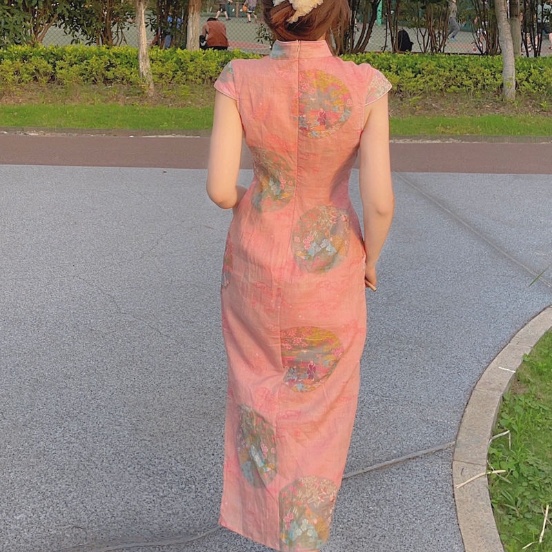 Improved new cheongsam classic Pink Sexy hollowed out summer improved cheongsam dress summer 2021