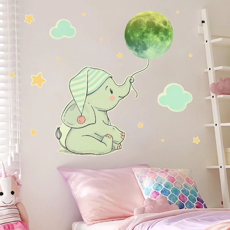 1 Set Stiker Dinding Desain Kartun Bulan Gajah Kelinci Beruang Awan Bintang Glow In The Dark Untuk Kamar Anak