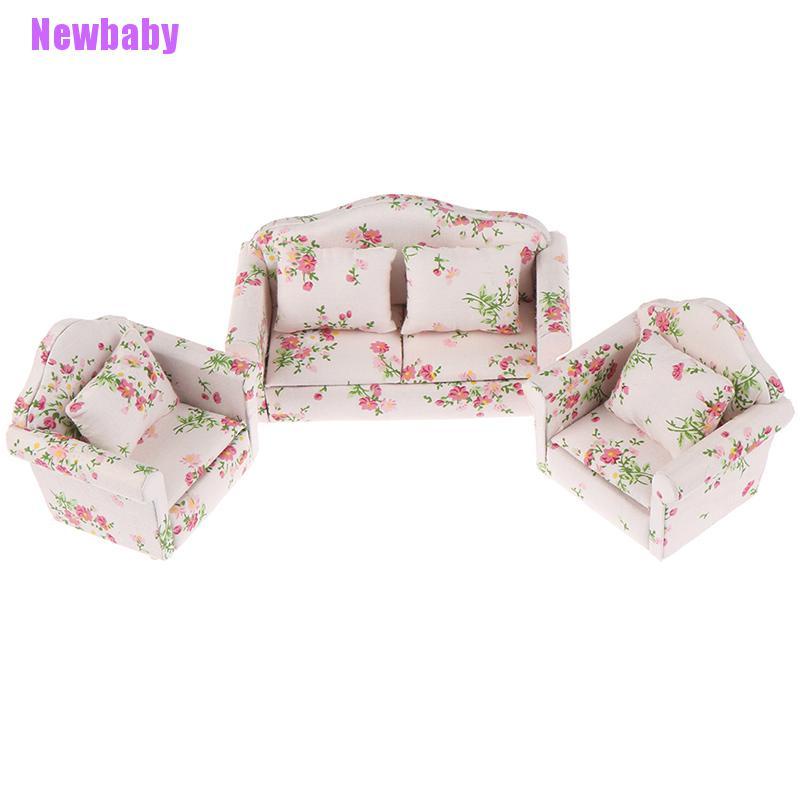 (Newbaby) 3pcs / Set Miniatur Sofa + Bantal Bahan Kayu Skala 1: 12 Untuk Dekorasi Rumah Boneka