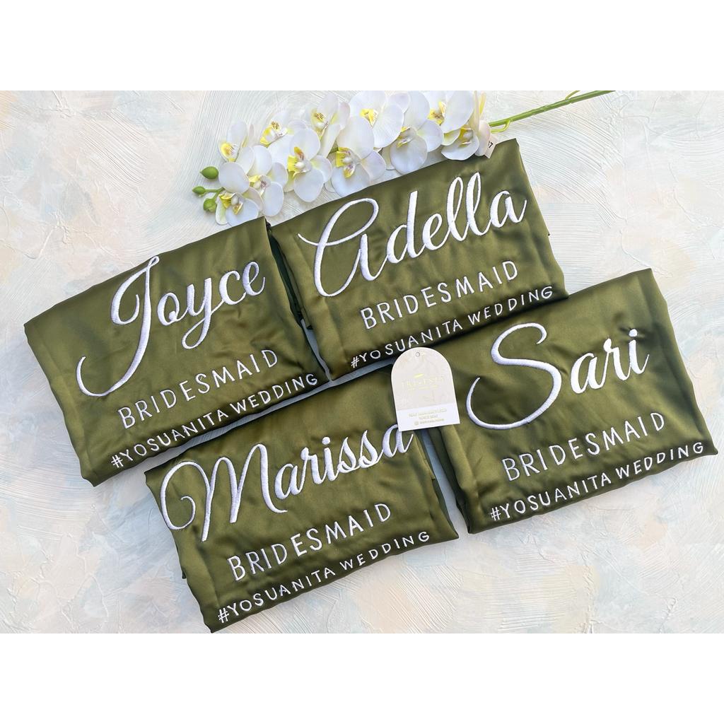 Basic Robe - KIMONO BRIDESMAID SATIN WARNA OLIVE + FREE BORDIR (TULISAN BEBAS BISA NAMA)