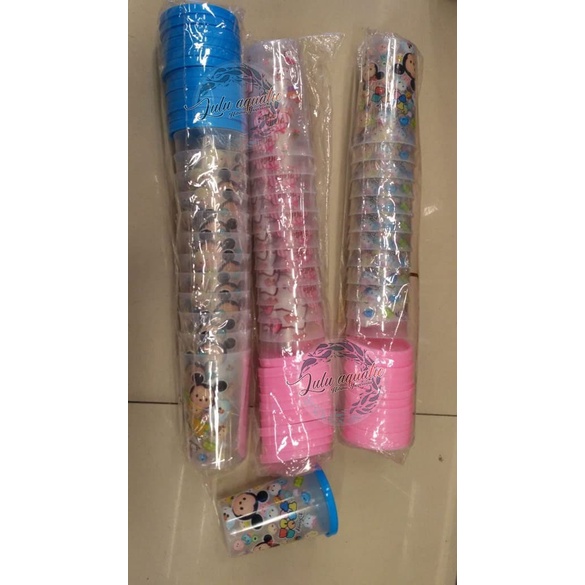 Gelas Minum Plastik / Gelas Minum Motif Kartun + tutup 300mL