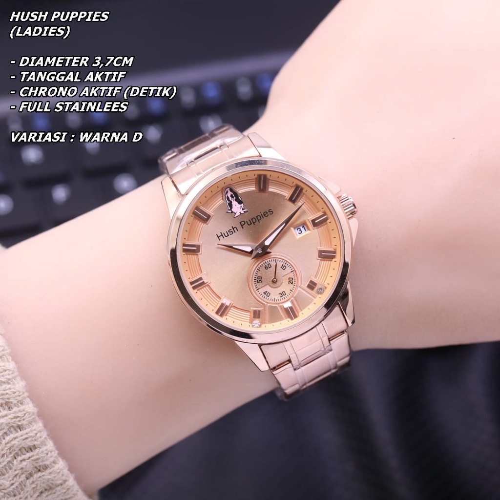 JAM TANGAN WANITA HUSH PUPPIES RANTAI BODY BULAT TANGGAL &amp; CHRONO AKTIF