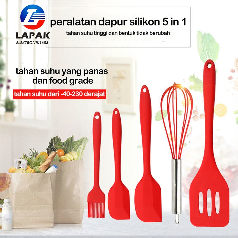 Spatula Set Alat Masak 5 in 1 Sutil Scrap Kocokan Silicone/Silikon - pink-3