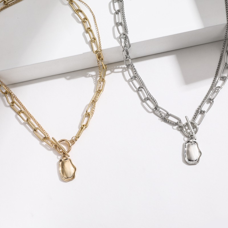 Double-layer chain OT buckle metal geometric pendant chain fashion necklace for women