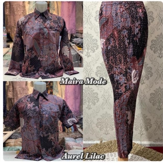 Couple batik kemeja dan rok plisket / set rok plisket dan kemeja batik / motif aurel dusty