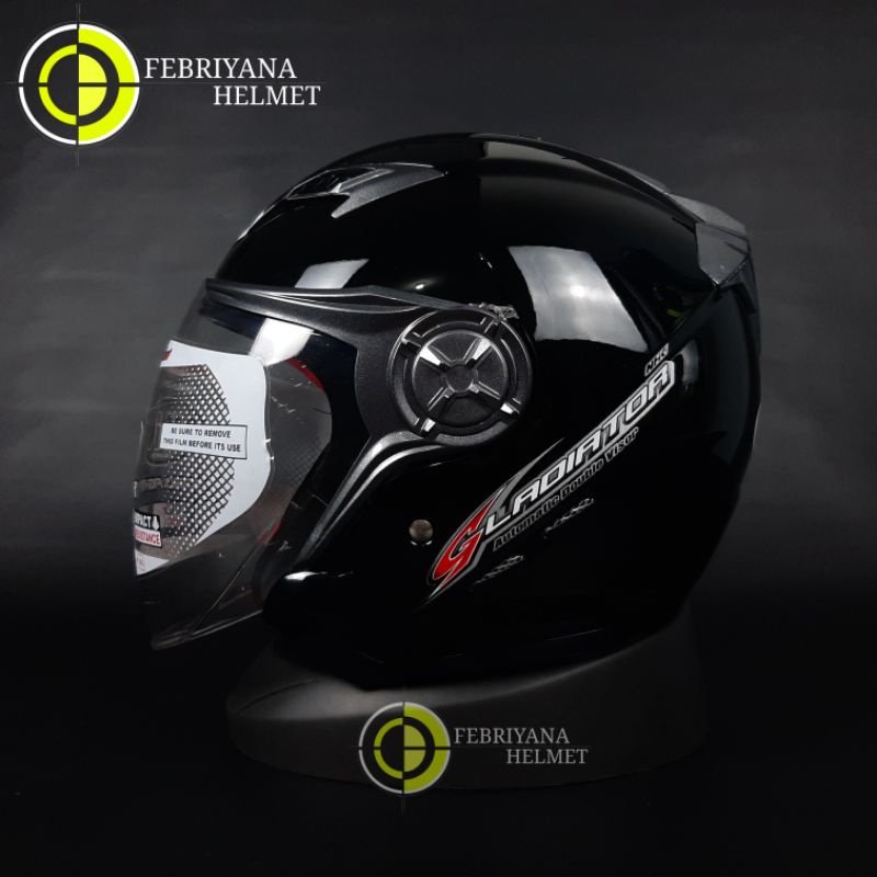 HELM NHK GLADIATOR SOLID BLACK GLOSSY HALFFACE DOUBLE VISOR