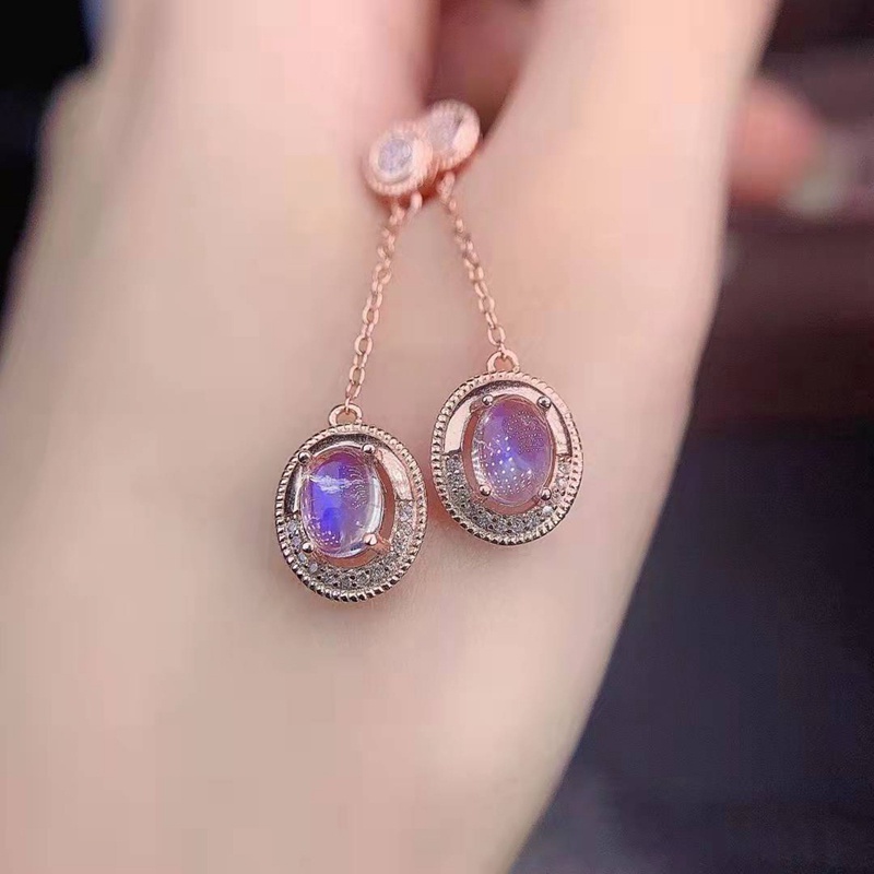 Anting Drop Panjang Desain Moonstone Gaya Korea Minimalis Warna Rose Gold Untuk Wanita