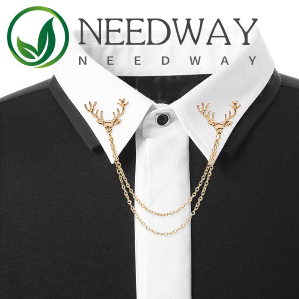 Needway  Fashion Jewelry Accessory Elk Gold Deer Brooch Gift Sliver Reindeer Shirt Collar Double Chain Antlers/Multicolor