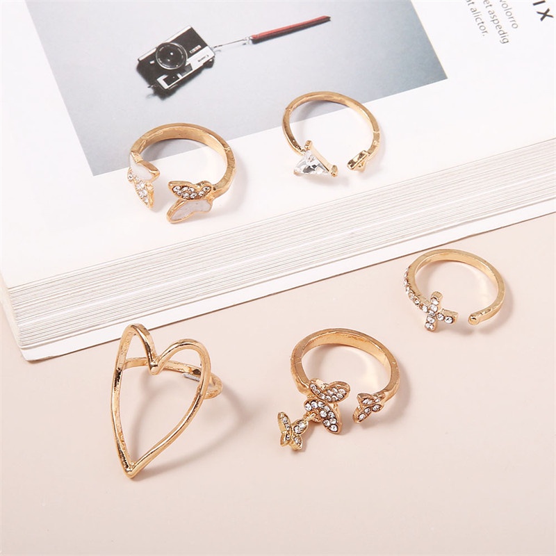 5pcs / Set Cincin Desain Kupu-Kupu Hati Segitiga Hollow Aksen Berlian Penuh Untuk Aksesoris Wanita Butterfly