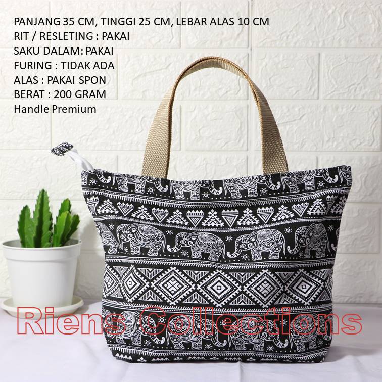 RIENS COLLECTIONS. TAS KANVAS HANDBAG KANVAS BESAR MOTIF GAJAH LATAR HITAM