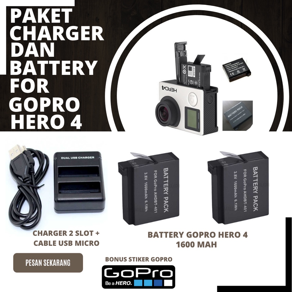 Charger 2 Slot Gopro Hero 4 Dan Battery Baterai Cadangan Gopro Hero 4 Hero4 Action Camera Casan Dan 