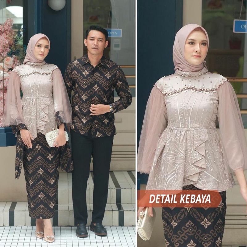 WOU BATIK - Kebaya Batik Couple Laura Kebaya Brokat Tille Mutiara Mix Payet Premium Rok Span Pinggan