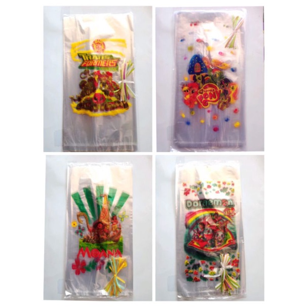 

Plastik Snack Ulang tahun MOTIF MURAH plastik bening karakter isi 40pcs free ikat pita ultah anak