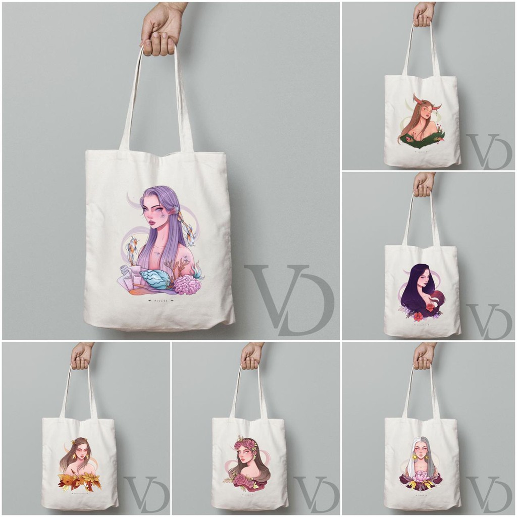 TOTE BAG BAHAN KANVAS MOTIF ZODIAC ART TERBARU / AESTHETIC TOTE BAG / TAS BELANJA MOTIF ZODIAK