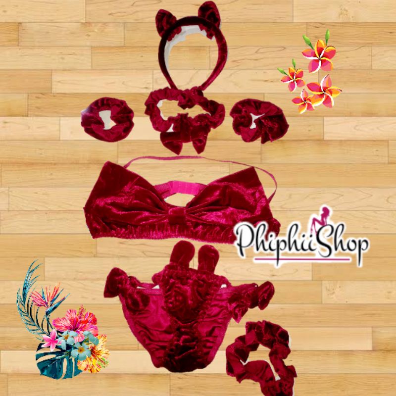 PREMIUM Bikini Set Bra Model Pita Sexy Bahan Beludru + Bando Kucing Cat Woman Aksesoris Kostum Lingerie