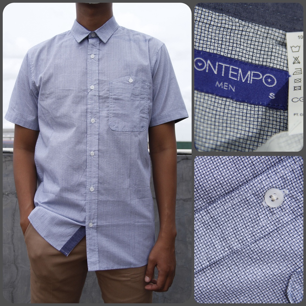 Kemeja Kasual Pria Contempo 06 Lengan Pendek Reguler Putih Motif  Kotak | Kemeja Casual | Kemeja Pan