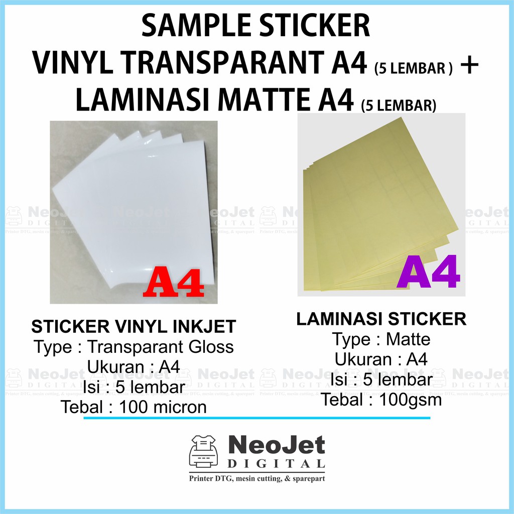 

Sample Sticker Vinyl Inkjet Transparan Glossy + Laminasi Matte A4