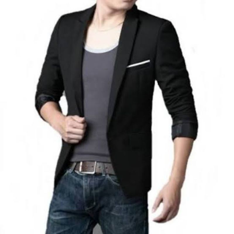 JAS BLAZER PRIA HITAM LIST PUTIH KANCING 1