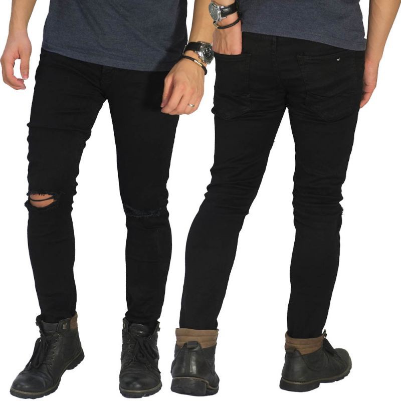 Celana jeans pria sobek Ripped On Knee Basic Black