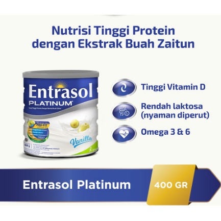 

Entrasol Platinum Senior Rasa Vanilla 400gr/Susu Bubuk/Nutrisi Tinggi Protein/Kemasan Kaleng