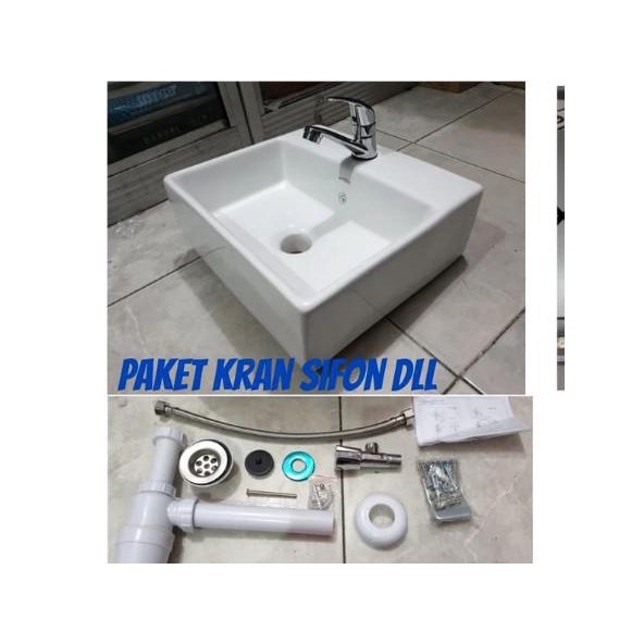 Wastafel Keramik Kotak Sericite Komplit Alat